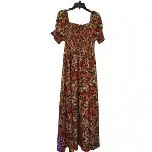 Floral Smocked Puff Sleeve Maxi Dress OXL Fall Boho Floral Print